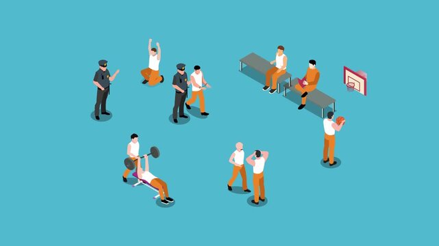 Isometric Scene of Prisoners in a Jail Yard Engaging in Recreation, Talking with Guards, and Exercising 3d animation cartoon