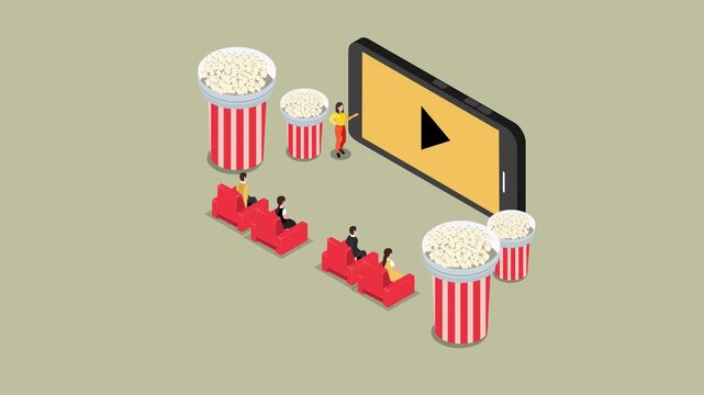 Isometric Concept of People Watching Online Movie Streaming on a Large Smartphone Screen with Popcorn 3d animation cartoon