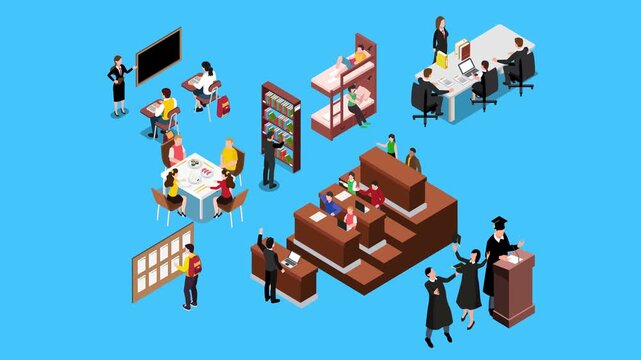 Set of Isometric University Scenes Including Classroom, Dormitory, Library, Graduation Ceremony, and Student Life 3d animation cartoon