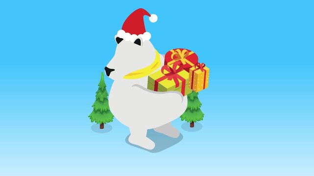 Isometric Polar Bear Wearing Santa Hat and Scarf, Carrying Christmas Gifts and Presents in a Winter Landscape 3d animation cartoon