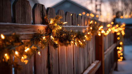 Wooden fence decorated with glowing holiday lights and festive garlands, warm winter ambiance, soft evening glow.
