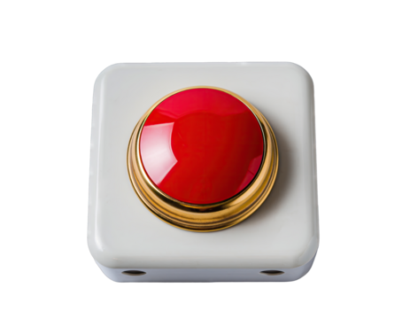 Glossy Red Button on a White Square Base with Gold Trim Isolated on a Black Background Studio Shot Clean Minimalist Design