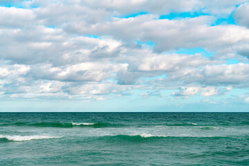 Calm horizon at sea. Romantic summer vacation seascape. Seascape horizon paradise. Sea sunrise on ocean beach. Sunset seascape at summer vacation. Horizon with sea cloudy sky. Stormy sea