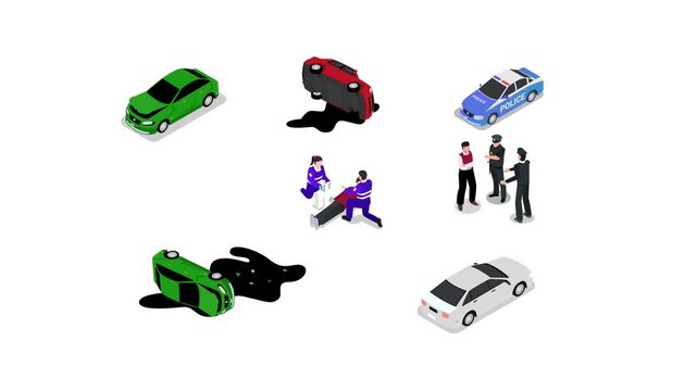 Set of Car Accident Scenes with Overturned Vehicles, Police Officers, and Paramedics Providing Emergency Aid 3d animation cartoon