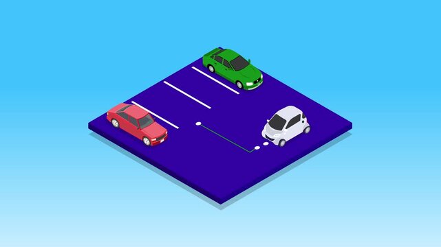 Autonomous Vehicle Self-Parking Concept Showing a Smart Car Using Sensors to Park Between Two Vehicles 3d animation cartoon