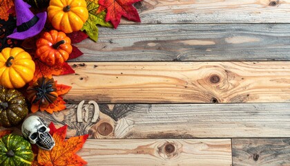 Halloween corner pumpkins, leaves, skull on wood backdrop