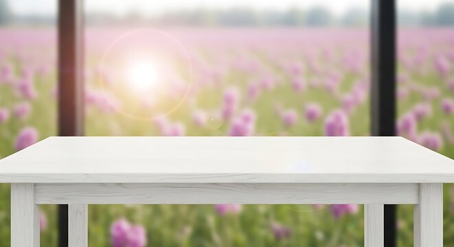 White wooden table with blurred pink flower field background in the window - Powered by Adobe
