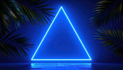 Neon triangle framing lush palm fronds on a blue backdrop