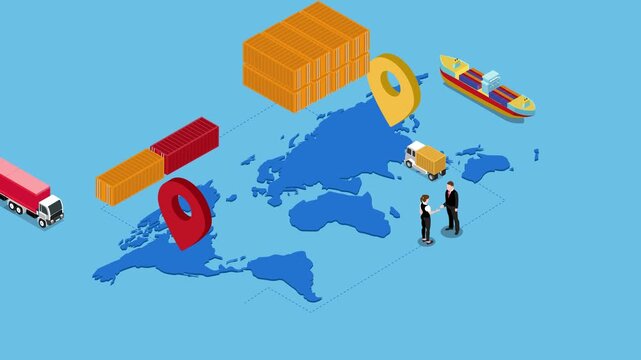 Isometric Global Logistics and Supply Chain Concept with Business Handshake, Cargo Containers, Truck, and Ship on World Map 3d animation cartoon