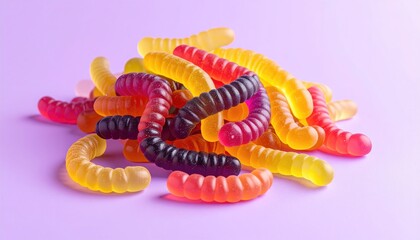 Naklejka premium Pile of gummy worms on light purple backdrop, close-up shot