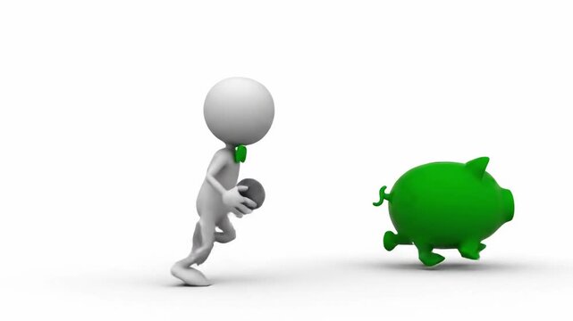Man Chasing Piggy Bank - Financial Freedom and Savings Concept.