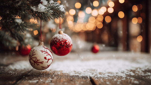 Close-up of red Christmas ornaments with shiny textures and festive details, creating a warm holiday atmosphere perfect for seasonal decorations and celebrations.