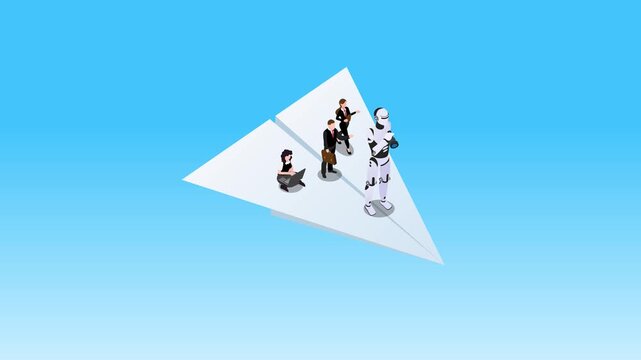 Business Team and AI Robot Flying on Paper Airplane for Future Strategy 3d animation cartoon