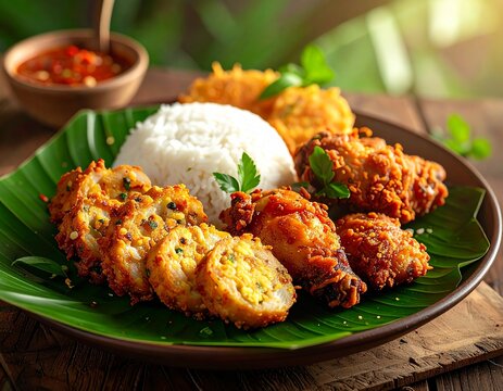 Realistic image of nasi liwet served with fried chicken, sambal, and tempeh on banana leaf plate. Traditional Indonesian meal captured with warm daylight and aesthetic modern style