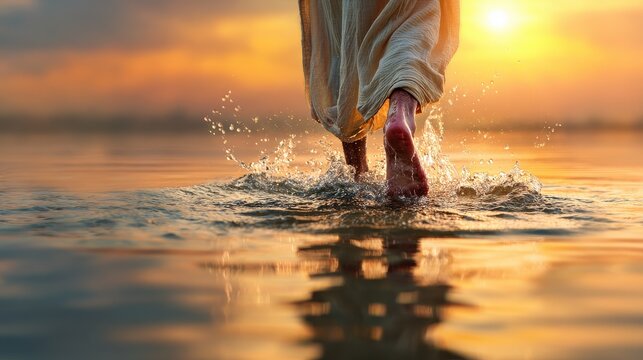 Jesus Christ walks on water during a beautiful sunrise, creating ripples on the lake's surface as golden light bathes the serene scene