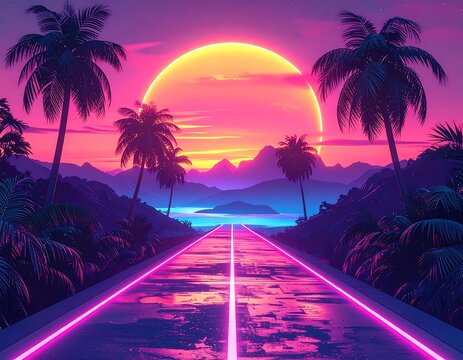 Synthwave landscape features a neon road leading to sunset over ocean