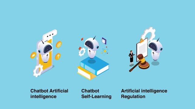 Chatbot Artificial Intelligence Self-Learning and Technology Regulation Infographic 3d animation cartoon