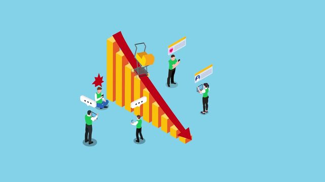 Sales Downturn and Social Media Marketing Failure with People Sliding Down Arrow 3d animation cartoon