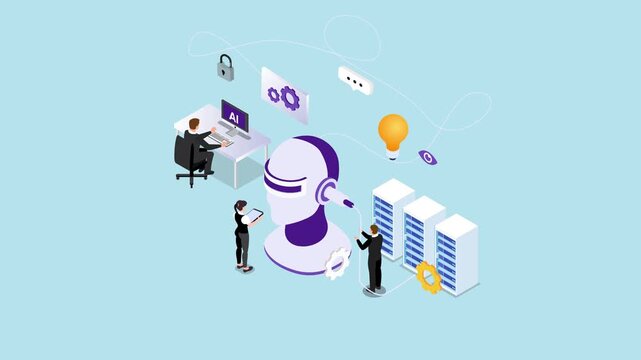 AI Robot and Business Team Managing Data Center Security and Technical Innovation 3d animation cartoon