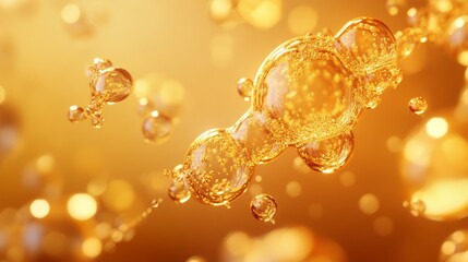 A close-up of effervescent Vitamin C bubbles dissolving in a liquid, forming an intricate web of golden chemical structures. The scene captures the fizzing effect in high detail, with tiny vitamin