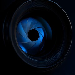 Macro View of Professional Camera Lens with Blue Reflections on Dark Background