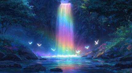 Ethereal fantasy waterfall with vivid rainbow light illuminating a mystic river and flying sprites.