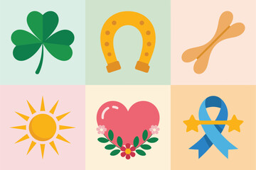 Detailed flat vector icons for holiday, showing shamrock, horseshoe, ribbon, representing St. Patrick's Day and good luck,