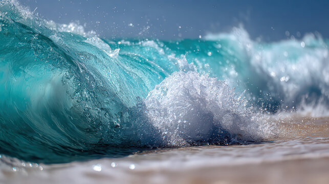 Powerful turquoise ocean wave crashing on sandy shoreline