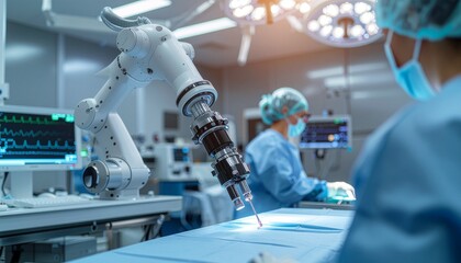 A high-tech surgical environment with medical staff and a robotic arm. This scene showcases the fusion of technology and healthcare