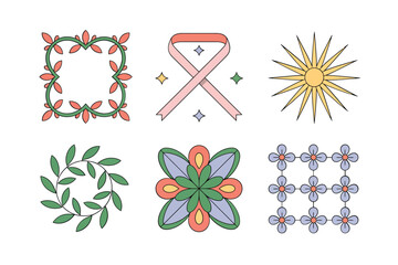 Flat vector icons for decoration, featuring flower, sun, ribbons, representing nature, growth, and warm weather,