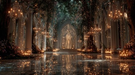 Enchanting ballroom in a magical fantasy world with glowing chandeliers and lush greenery, perfect for a whimsical celebration or a royal gathering