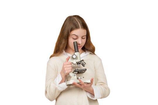 School biology girl hold microscope. Student of biology. Back to school. Teen girl with microscope isolated on white. Biology science for schoolgirl. Microscope research. Biology experiment