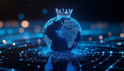 A digital representation of the world crowned with a golden crown, symbolizing global leadership and power.