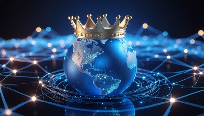 A conceptual image of a globe wearing a crown, symbolizing global leadership and connectivity. The crown is made of gold, resting atop a glowing Earth, surrounded by a network of data points.