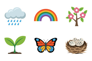 Flat color icons for environment, illustrating butterfly, rainbow, cloud, representing season of rain and life,