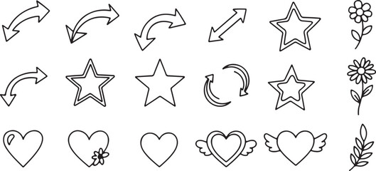 Doodle Icons Arrows Stars Hearts Flowers with Details