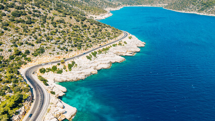 Aerial Drone View of the Scenic D400 Highway winding along the Turquoise Coast, Turkey