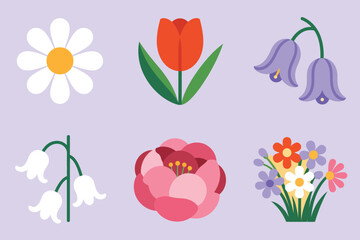 Flat vector icons for garden, featuring tulips, daisies, bells, representing colorful blooms and natural decoration,