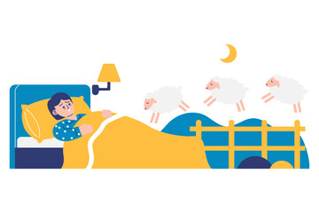 Sleepless person with insomnia in bed counting jumping sheep
