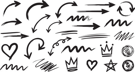 Hand-drawn arrows hearts crowns and scribbles on white background