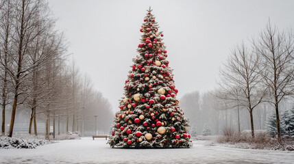 A tall, festive Christmas tree outdoors, decorated with lights and ornaments, set against a winter sky, capturing the holiday spirit and seasonal celebration.