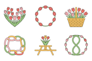 Detailed flat vector icons for Dutch spring, showing tulips, picnic, knot, representing Netherlands travel and culture,