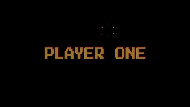 Player One text animation on 8 bit retro game black background. 4k video. Suitable for your video game content, Vintage Arcade Games or Vintage Arcade Games.