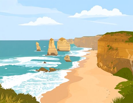 Coastal scene with rock formations emerging from the ocean - Powered by Adobe