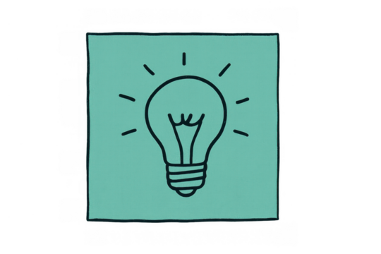 Light bulb drawing on a green sticky note representing new ideas, inspiration, innovation, and creative solutions