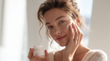 Woman applying facial cream holding a container in her hand and smiling