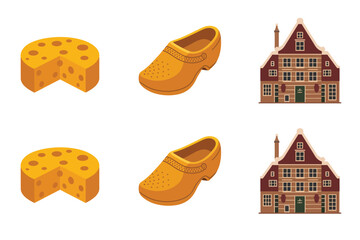 Flat vector icons for Dutch symbols, featuring cheese, clogs, buildings, representing traditional culture and architecture,