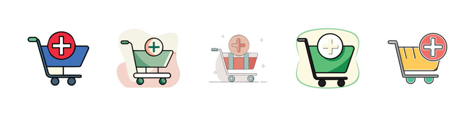 Set of shopping cart icons with a plus sign, representing adding items to cart, online shopping, and e-commerce