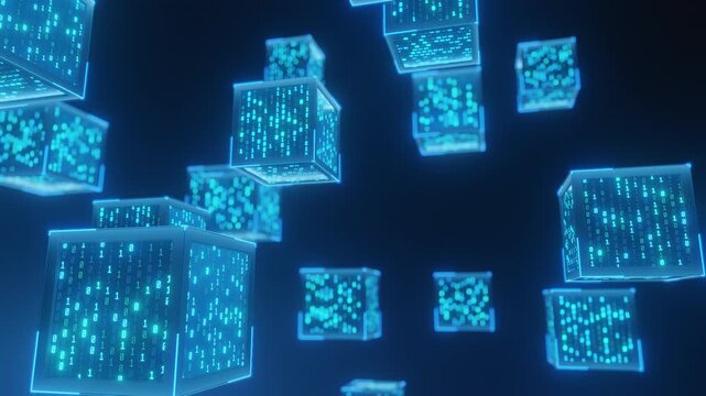 3d render Abstract blockchain concept background. Digital data cubes with binary code floating, representing decentralized network, cryptocurrency, secure information.  AI, big data theme.