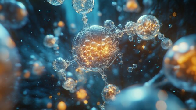 A futuristic 3D-rendered scene of microscopic fatty acid molecules transforming within the human body. Glowing omega-3 molecules integrate into cell membranes, enhancing their structure, while